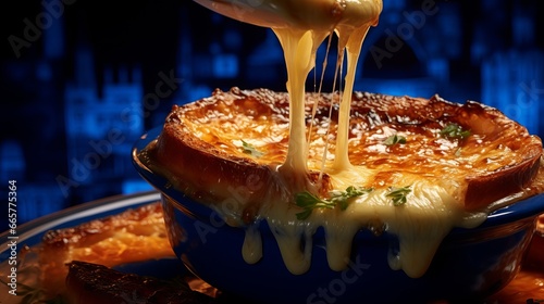 Cheese and Onion Soup - Gooey Gourmet Goodness, Crusty Bread, and Melty Delights - A Closeup of Hearty Soup Comfort photo