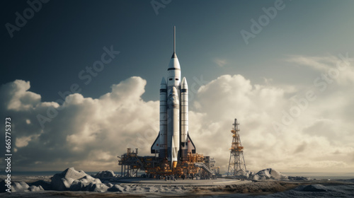 A model rocket, sitting atop a launch pad photo
