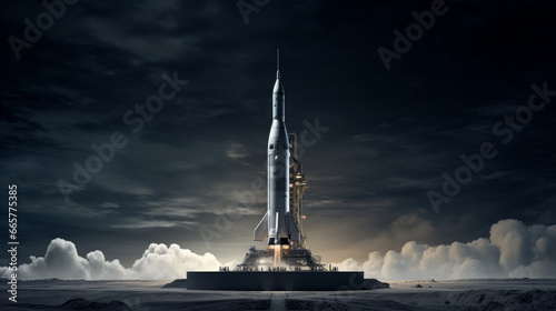 A model rocket, sitting atop a launch pad photo