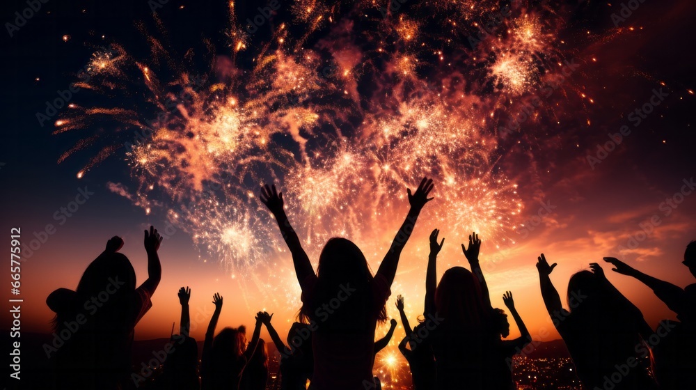 Fototapeta premium Celebrating New Year's Eve with a jubilant crowd, dazzling fireworks, and clinking champagne glasses