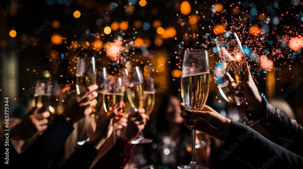 Celebrating New Year's Eve with a jubilant crowd, dazzling fireworks, and clinking champagne glasses - obrazy, fototapety, plakaty 