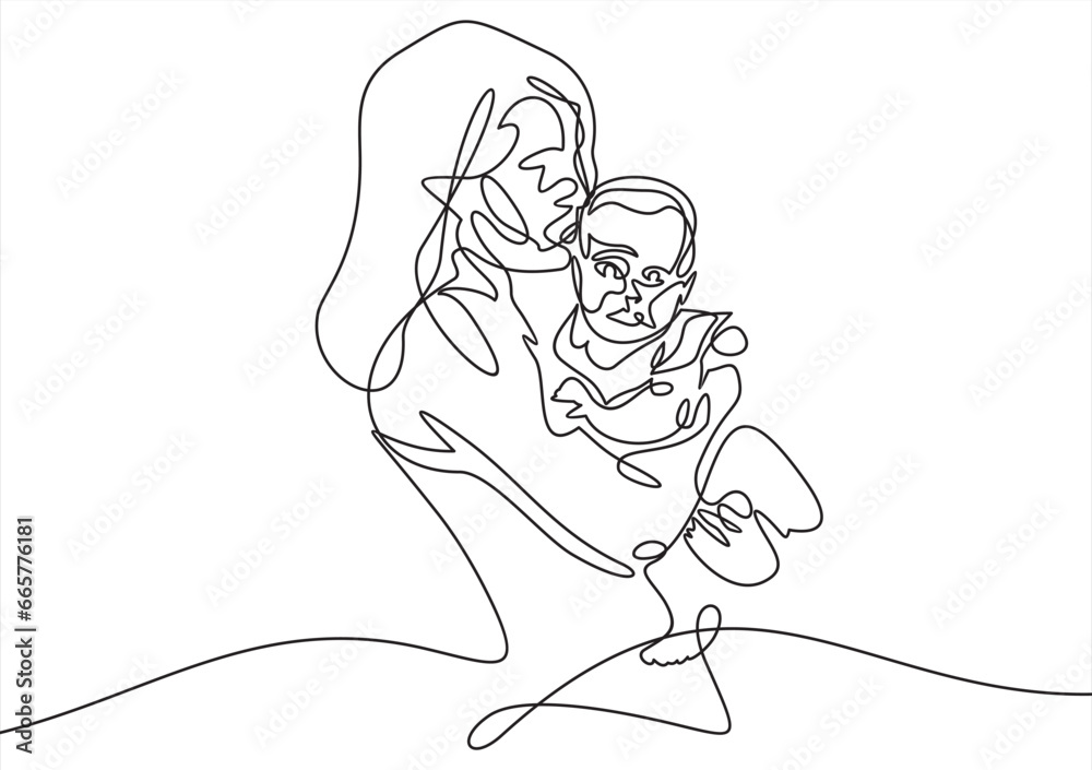 Abstract family continuous line art. Young mom hugging her baby child. Hand drawn illustration for Happy International Mother's Day card, loving family, parenthood childhood concept