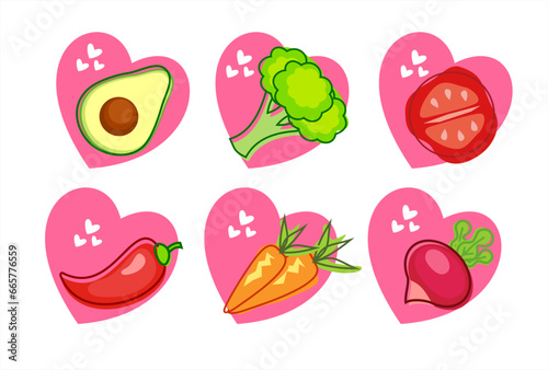 icons set with vegetables and hearts