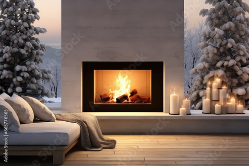 Cozy Fireplace Scene Complemented By Beautifully Lit Tree Outside
