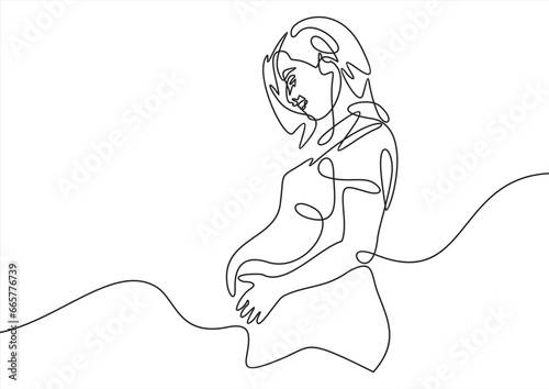 Pregnant Woman Silhouette Continuous One Line Drawing. Female Elegant Silhouette Linear Drawing. Vector Illustration Minimalistic Style for Modern Design: Prints, Wall Art, Posters, Social Media.