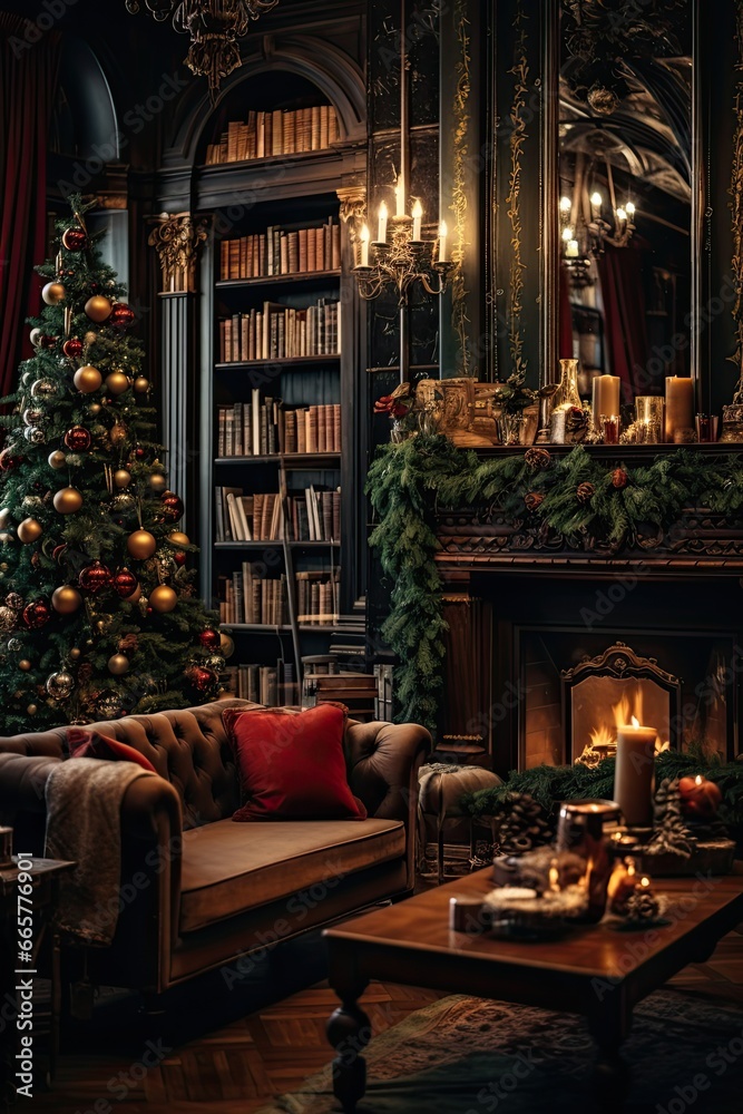 Cosy living room decorated for Christmas. Winter holidays.