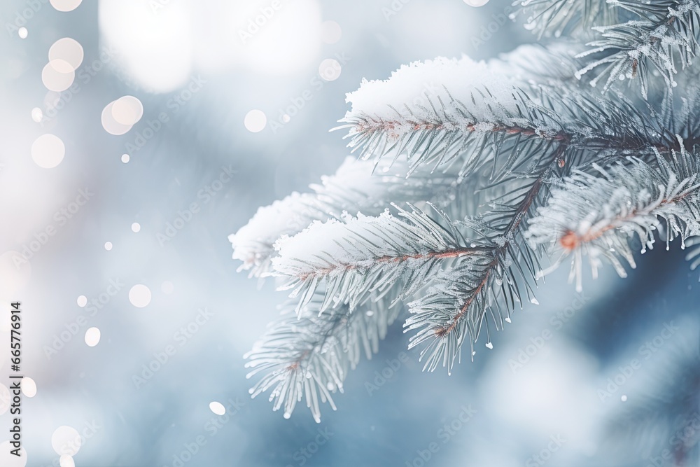 A spruce branch covered in snow. Winter postcard with meth for text. Close-up