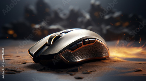 A metallic film of dust coats a large gaming mouse, its glossy black buttons clicking softly photo