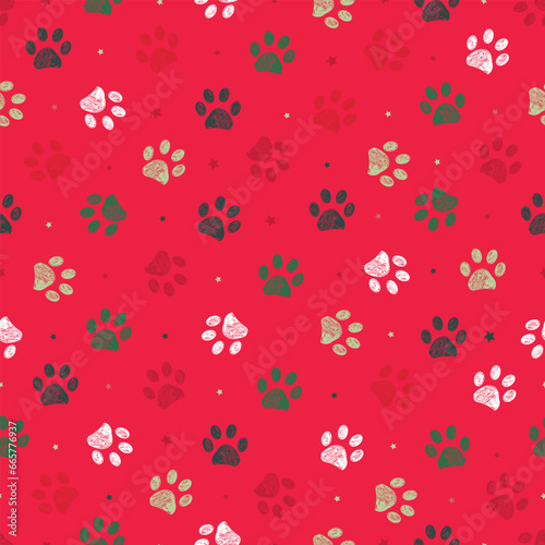 Christmas colored crimson cherry background colored paw prints seamless pattern