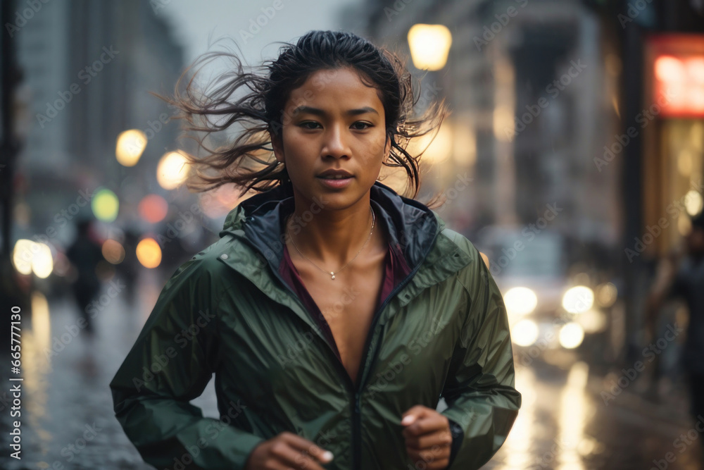 An Asian model running in the rain in the city An Asian model running in the rain in the city