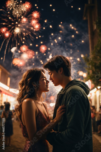 couple at night during the fireworks, a couple celebrates the new year together