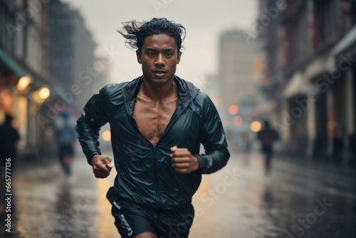 Asian young man running on the street, fit upper body, long black hair, extreme rainy weather photo