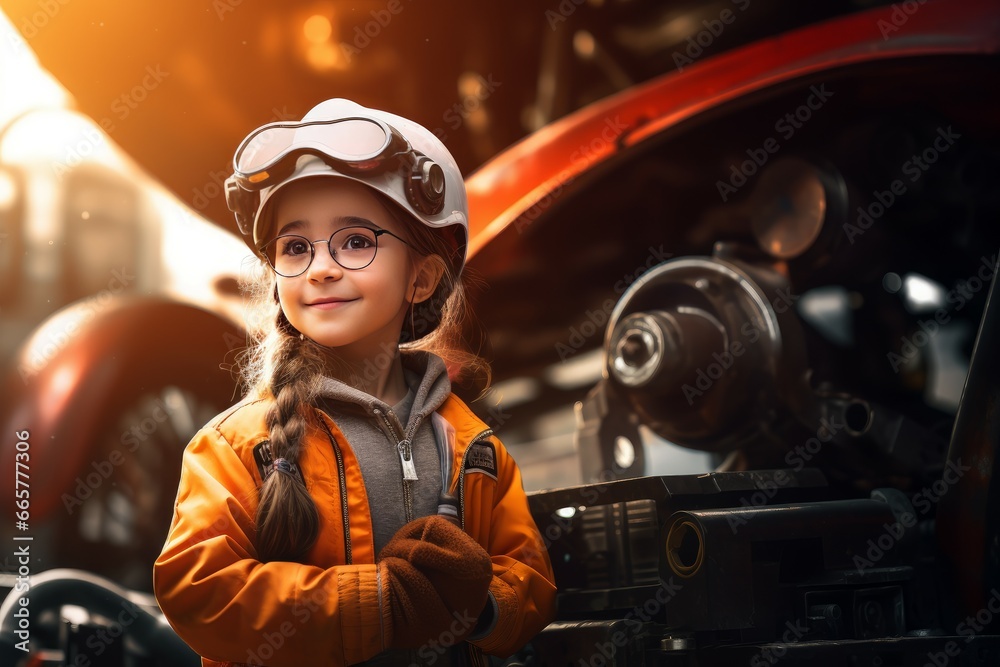 Engineer child girl car assembly shop. Vehicle repair. Generate AI