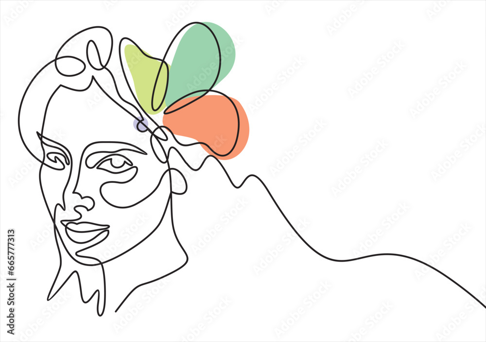 Beautiful woman vector logo design in simple minimal line art style. Female face on abstract geo shapes background. Pretty portrait with butterfly concept for beauty salon, makeup, cosmetology. Beautiful woman vector logo design in simple minimal line art style. Female face on abstract geo shapes background. Pretty portrait with butterfly concept for beauty salon, makeup, cosmetology.