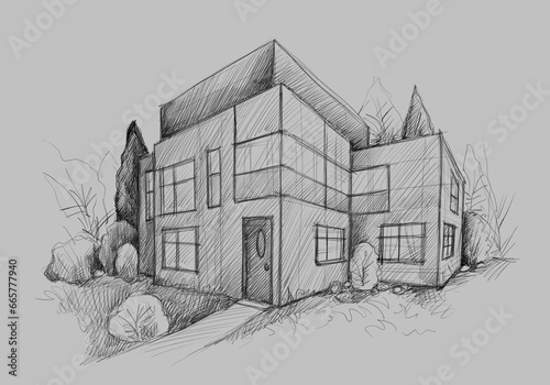 Architecture sketch of building, hand drawn architectectural sketch