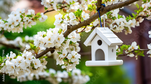Beautiful spring garden with blooming apple tree and white birdhouse © mila103