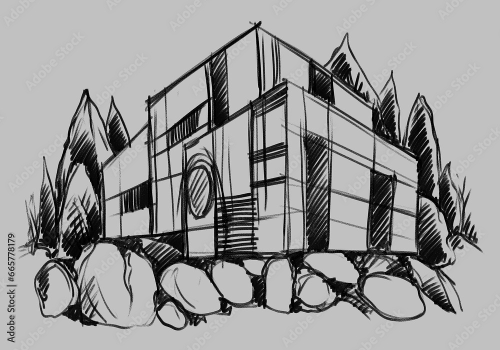 Architecture sketch of building, hand drawn architectectural sketch - obrazy, fototapety, plakaty 