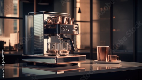 an Espresso machine in a modern kitchen setting, capturing its contemporary design and functionality.