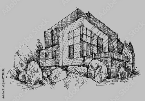 Architecture sketch of building, hand drawn architectectural sketch © Cubitron