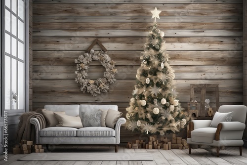 Living Room Adorned With Christmas Tree, Created Using Rustic Floral Wooden Wall Decorations