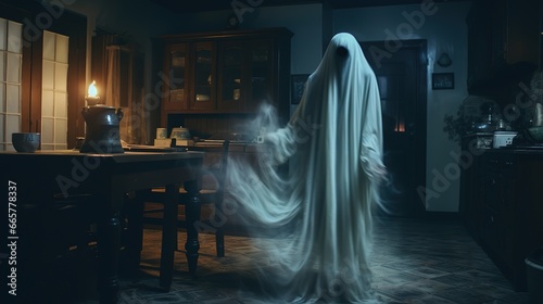 Scary ghost at home, paranormal activity concept