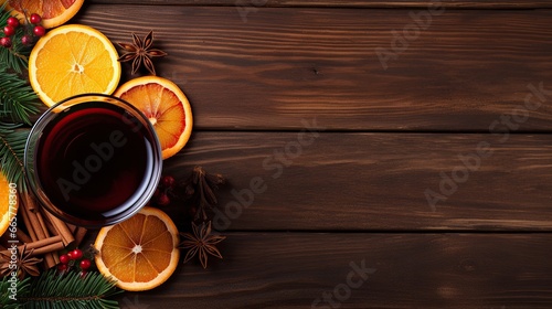 Christmas mulled red wine with spices and fruits on a wooden rustic table. Winter traditional hot drink. Top view, copy space.