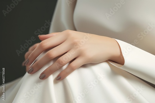 Model Gracefully Showcasing French Manicure.   oncept Elegant Hand Poses  French Manicure Showcase  Model Hand Modeling  Nail Art Inspiration