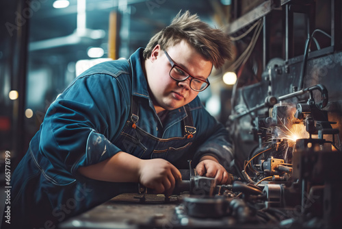 Young handsome worker with down syndrome working in industrial factory. Social inclusion and integration