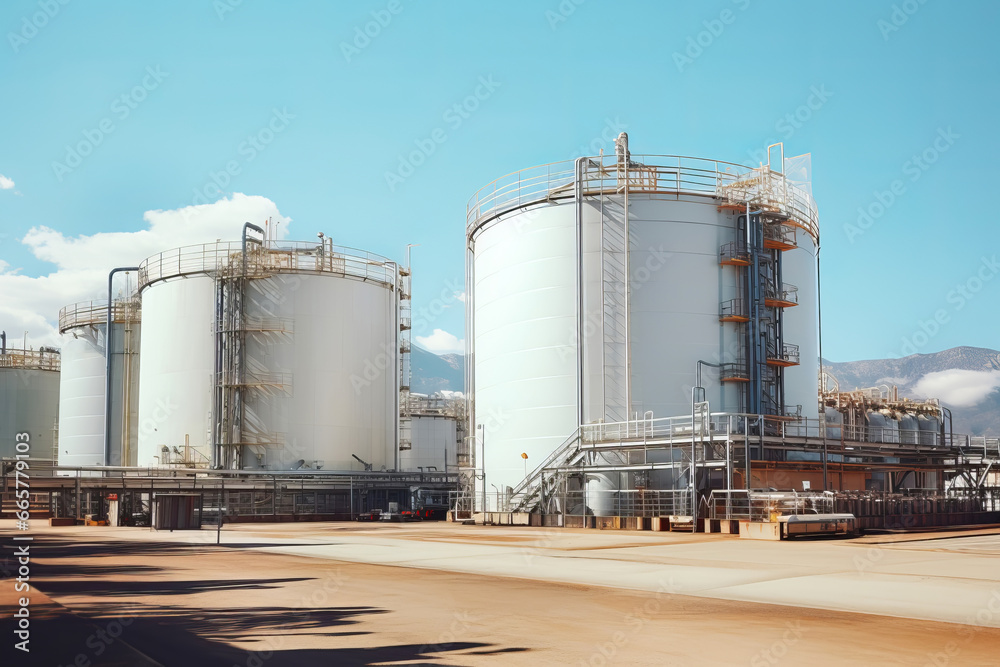 Storage Tanks with pipeline system in Industrial area. Equipment for storing chemical, oil, gas or grain products outdoors Storage Tanks with pipeline system in Industrial area. Equipment for storing chemical, oil, gas or grain products outdoors
