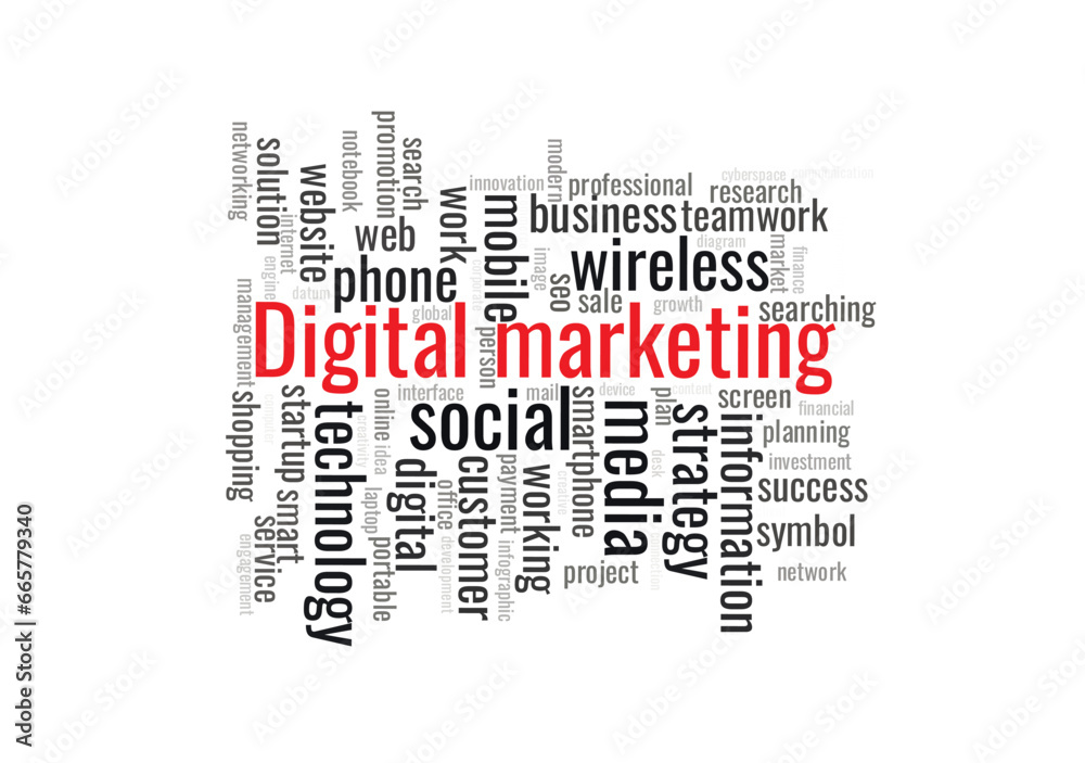 Illustration in the form of a cloud of words related to Digital marketing