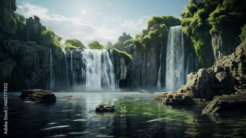 A majestic waterfall  cascading down a rocky cliffside into a tranquil pool 