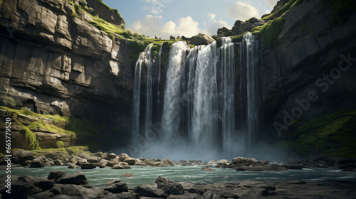 A majestic waterfall  cascading down a rocky cliffside into a tranquil pool 