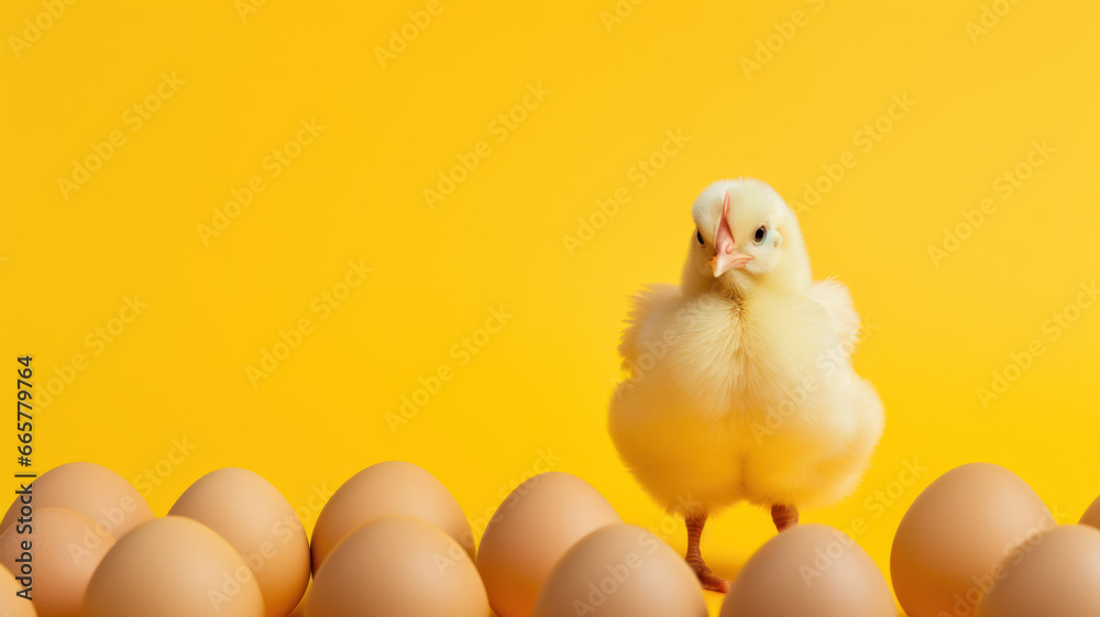 Small Chicken with Eggs on Yellow Background Small Chicken with Eggs on Yellow Background