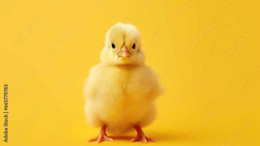 Single Small Chicken on Yellow Background Single Small Chicken on Yellow Background