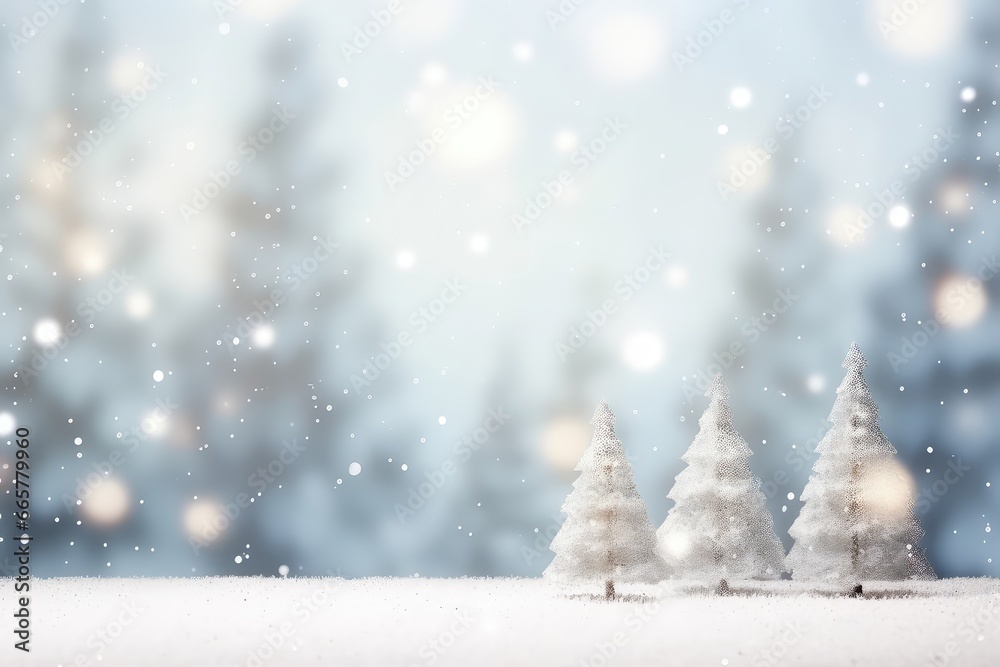 Snowy White Landscape With Blurred Christmas Tree And Twinkling Bokeh Lights