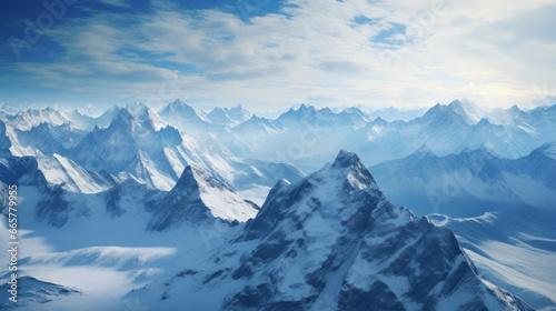 A majestic, snow-covered mountain range, with the sun rising over it