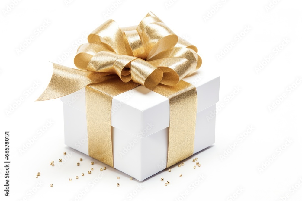 Christmas Trim. Shiny Gold Gift Box with Ribbon and Bow. Isolated on a White Background.