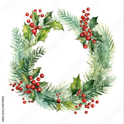 Christmas Watercolor Wreath. Festive Holiday Decor with Spruce, Holly Berries, and Mistletoe. Floral Chaplet for Jolly Christmas Decoration.
