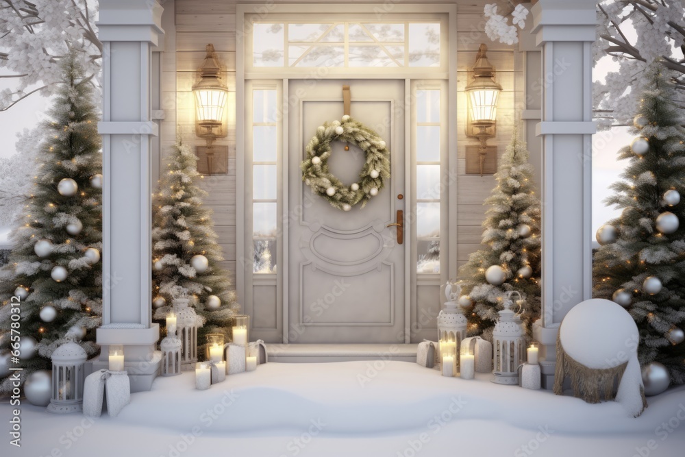 Festive Christmas Front Door - Decorated Porch with Little Trees and Lanterns. Winter Wonderland Snowscape for a Picture-perfect Home.