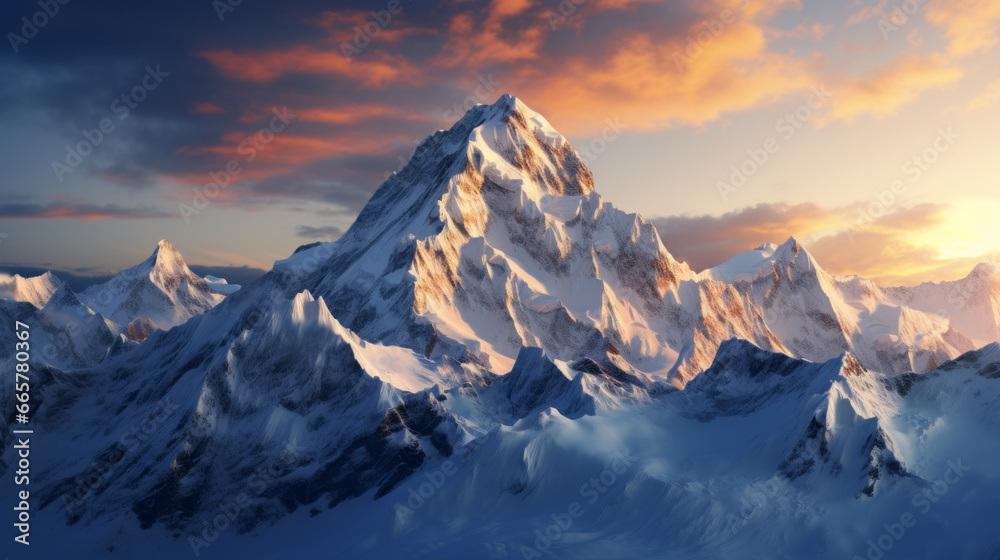 A majestic, snow-covered mountain range, with the sun setting over it