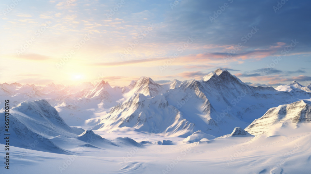A majestic, snow-covered mountain range, with the sun rising over it
