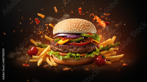 Delicious fresh cheeseburger with beef patty, pickles, cheese, tomato, onion, lettuce and delicious ingredients