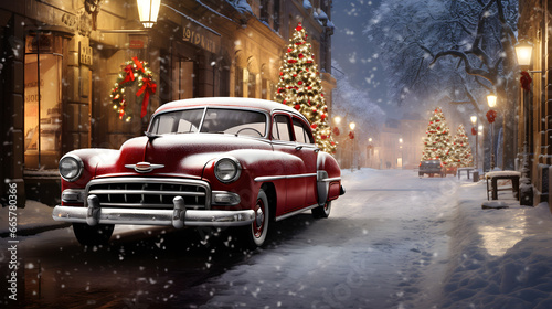 Snowy Christmas, Retro Cars in the Charming Old Town