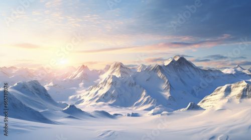 A majestic, snow-covered mountain range, with the sun rising over it © Textures & Patterns