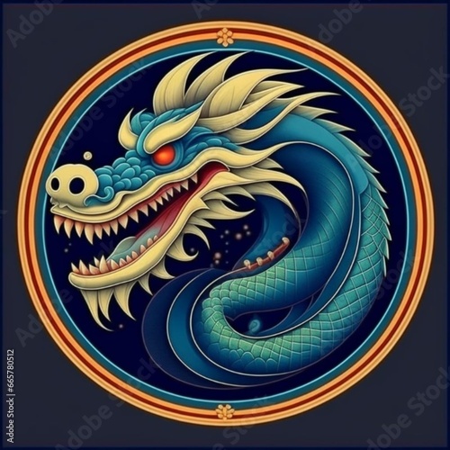 Chinese Year of the Dragon. Vintage artistic pattern depicting a realistic oriental dragon in a round frame on a blue background. Chinese symbol of 2024 new year. Illustration.