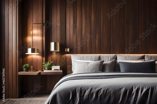 Bedside accent cabinet next to wood paneled wall. Modern bedroom with French rural interior style.