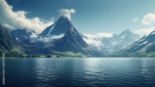 A majestic mountain range in the background of a calm lake