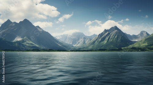 A majestic mountain range in the background of a calm lake