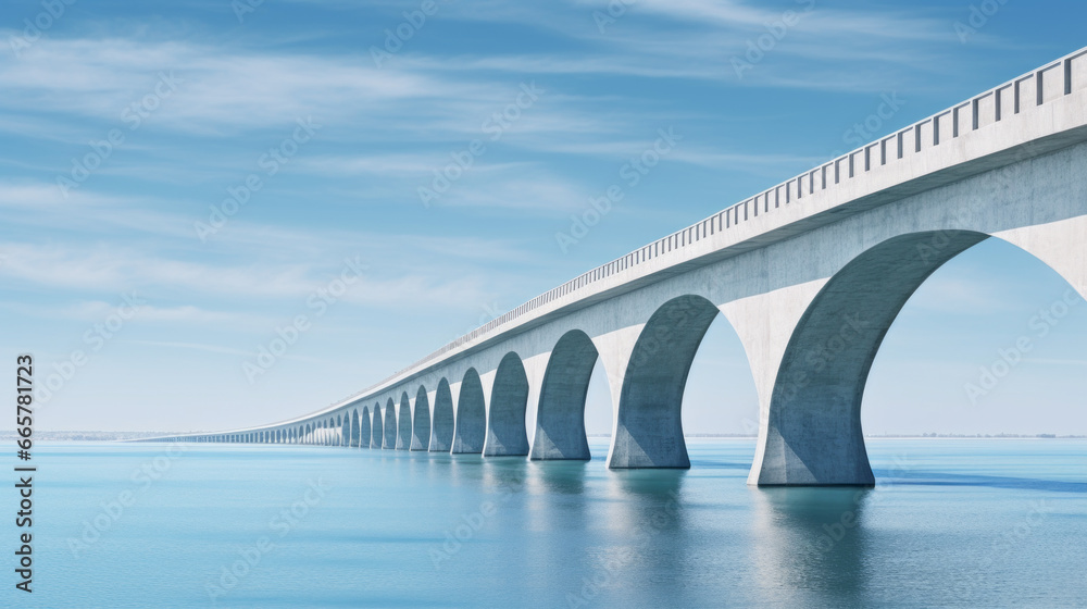 A majestic bridge stands tall against a bright blue sky, spanning a wide expanse of calm waters