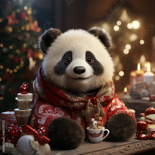 A cheerful panda wearing a cute Christmas dress and a Santa hat, surrounded by festive decorations.